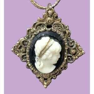 Vintage CAMEO Necklace or Brooch in Black & White w/ Goldtone Accent